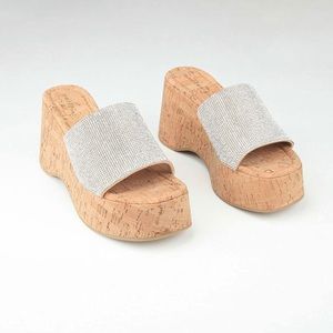 Bling Cork Wedge Sandal - Silver Rhinestones